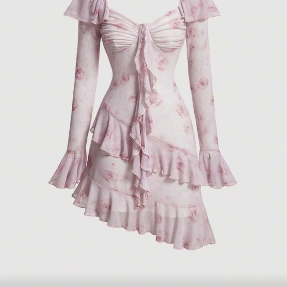 Pink Floral Ruffled Cute Feminine Dress